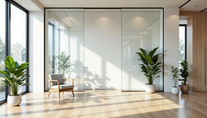 Fototapeta premium minimalist office space in a realistic photo style, with glass partitions, clean wooden floors, soft natural light, simple green plants, airy composition, high resolution