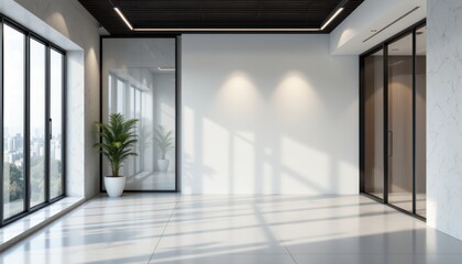 Obraz premium minimalist office space in a realistic photo style, with monochrome tones, bare workspace, glass partition, soft sunlight, contemporary environment, high resolution