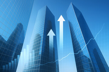 Blue glass skyscrapers with upward arrows and financial graph