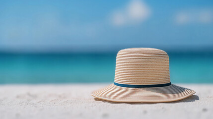 A stylish straw hat resting on sandy beach, with turquoise water and blue sky in the background, evoking a relaxed summer vibe.