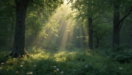 A photorealistic image of a lush green forest, with sun rays piercing through the canopy, clean and natural, shallow depth of field, symbolizing nature and sustainability