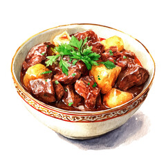 Beef Stew in watercolor style, vector illustration, isolated on white background.