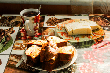 Homemade breakfast with bread, cheese and tea