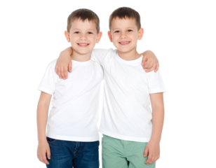Two young boy posing side by side showing a friendship isolated on transparent background.