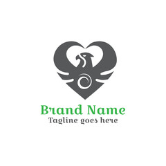 Abstract vector logo of a heart and eagle silhouette, a symbol of love and romance for a company brand. 
