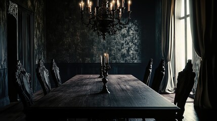 dimly lit gothic dining room, featuring antique wooden table, ornate chairs, and dramatic lighting from candelabras. The atmosphere is mysterious and elegant.