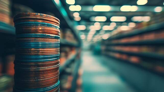 Overhead composition at 24-135mm, neatly aligned currency coins in uniform rows and columns, shadowless lighting for clarity