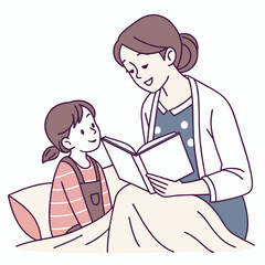 Mother reading book to child under blanket bedtime