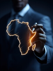 African American man in a suit holding a pen and drawing a glowing outline map of Africa on a dark background. Concept of digital technology for international business or global trade. 