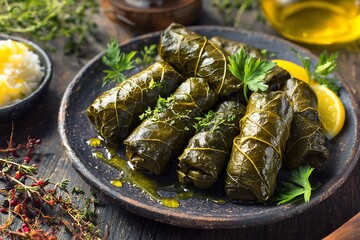 Turkish dolma grape leaves stuffed rice herbs olive oil drizzle
