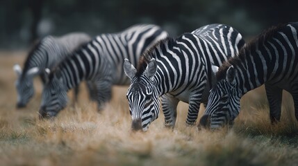 Herd of zebras grazing on the grassland
