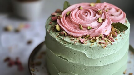 Naklejka premium Beautiful Multi-Layer Cake with Pink Roses and Nuts Decoration