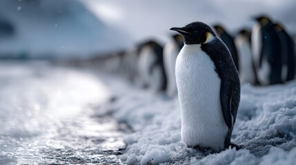 Fototapeta premium Penguins standing on icy shore in the Antarctic wilderness