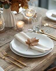 Elegant rustic table setting with white porcelain plates, gold cutlery, linen napkin tied with jute and autumn leaf, vase bouquet, warm candlelight reflection on wooden table, fine dining restaurant 