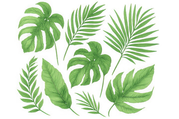 Collection of green tropical leaves isolated on transparent background