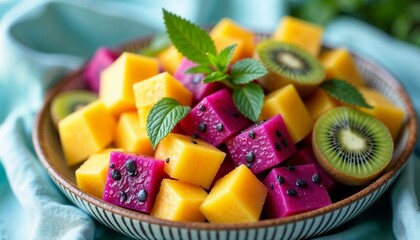 A colorful bowl of diced tropical fruits including yellow mango, pink dragon fruit, and green kiwi, garnished with fresh mint leaves.