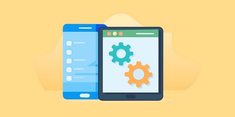 Flat design illustration of smartphone and tablet with gears and checklist mobile phone technology