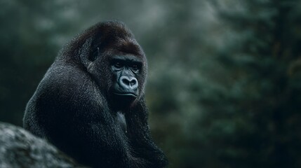 Fototapeta premium Pensive gorilla sitting in a mountain forest
