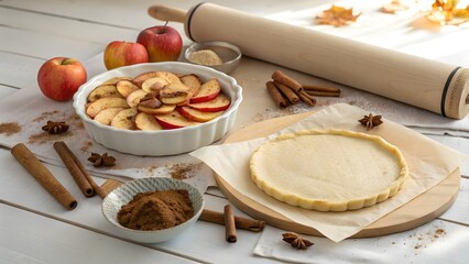 Freshly sliced apples and unbaked pie crust ready for baking a delicious homemade apple pie