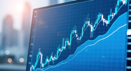 Rising blue graph on screen, candlestick chart, blurred city background