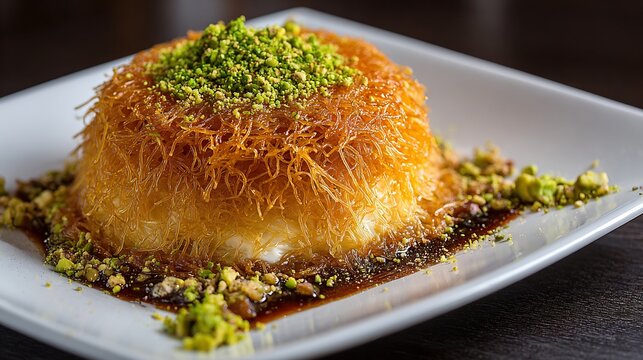 Turkish kunefe dessert crispy shredded pastry melted cheese sugar syrup pistachio garnish
