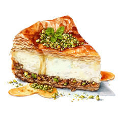 Baklava Cheesecake in watercolor style, vector illustration, isolated on white background.