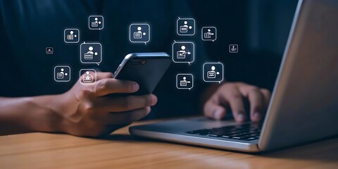 User Interacting With Social Media Icons On Smartphone And Laptop Screen network connection