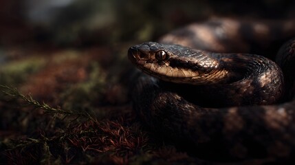Fototapeta premium Coiled snake in the forest floor with reptile details and sharp focus