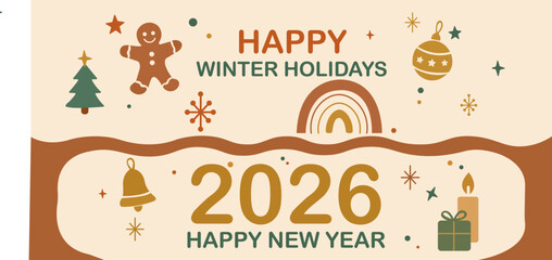 Boho Style Happy Winter Holidays 2026 New Year and christmas Celebration with Festive Icons