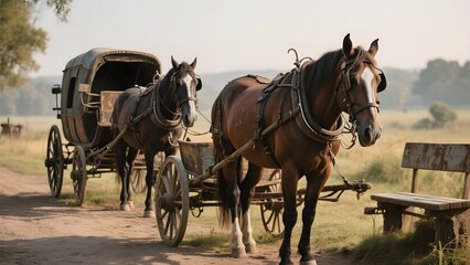 Two horses pulling a traditional wooden carriage on a rural dirt road