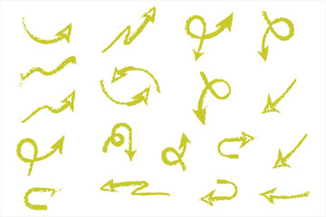 Yellow grunge arrow set with rough textured hand drawn curves, loops and twists, creative vector design for navigation signs, infographic elements, direction pointers and graphic decoration use

