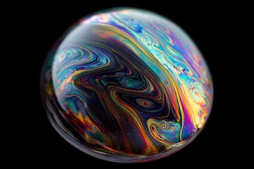 Iridescent Soap Bubble with Swirling Colors on Black Background