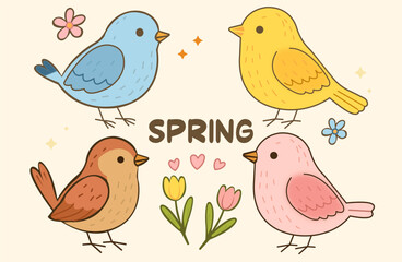 Colorful Birds and Spring Flowers - Cute Spring Illustration