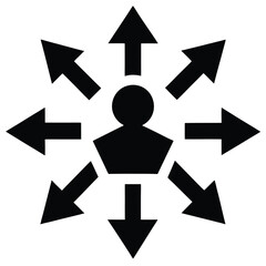 Person Silhouette with Arrows Pointing Outward in All Directions human figure