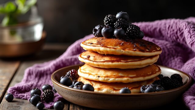 A stack of pancakes topped with blackberries and blueberries on a plate, set against a rustic background.