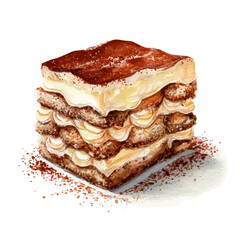Tiramisu Cake in watercolor style, vector illustration, isolated on white background.