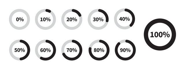 Set of loading indicators and progress bars. Circular meters from 0 to 100 ready to use for web design, user interface UI, or infographics. Includes 0, 10, 20, 30, 40, 50, 60, 70, 80, 90, 100.