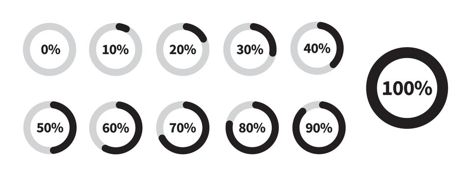 Set of loading indicators and progress bars. Circular meters from 0 to 100 ready to use for web design, user interface UI, or infographics. Includes 0, 10, 20, 30, 40, 50, 60, 70, 80, 90, 100.