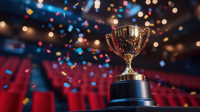 Shiny golden trophy on dark base, confetti falling, theater audience in background