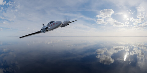 Aircraft Flying Above Calm Water Surface with Cloud Reflections in Blue Sky