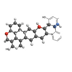 A precise three-dimensional ball-and-stick model of a complex organic chemical compound, illustrating the intricate atomic arrangement of carbon, oxygen, nitrogen, and hydrogen atoms.