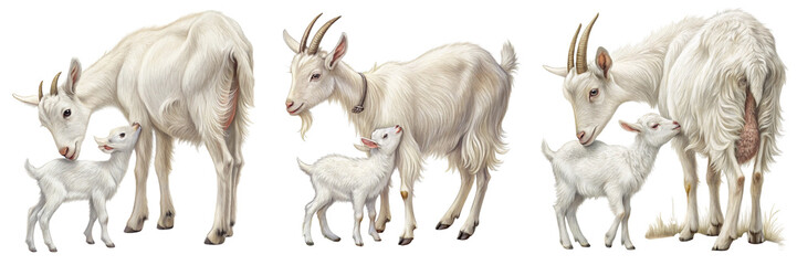Obraz premium Set of A white goat's baby drinks her mother's milk isolated on a transparent background.