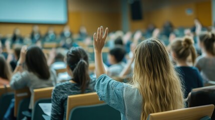 Students raising hands in a lecture hall