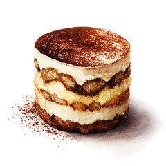 Watercolor vector illustration of Tiramisu Cake, isolated on white background.