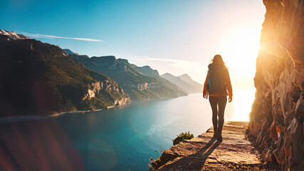 A female hiker with a backpack walks on a narrow rocky path, overlooking a beautiful blue lake and a mountainous landscape at sunset, symbolizing adventure and exploration.