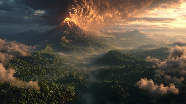 Volcanic eruption landscape wallpaper background image of nature with forest and mountain range view hd - Powered by Adobe