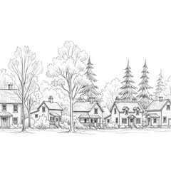 A charming vintage illustration of a winter village with a small old house and trees covered in snow