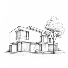 An elegant architectural sketch of a vintage house exterior with detailed windows and a roof design