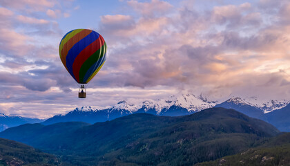 Hot Air Balloon Over Mountains During Scenic Sunset, 3D Rendering Visual