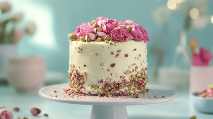 Beautifully Decorated Cake with Pink Roses and Pistachio Toppings